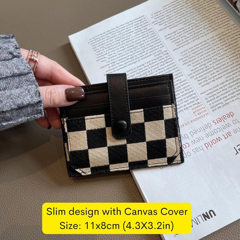 TURBOOST Cute Slim Card Holder Canvas Front Pocket Checkered Wallet, Small Credit Card Case for Women (Black) - Image 3